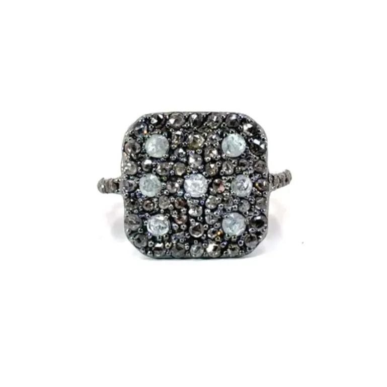 Pave Diamond Oxidized Silver Square Cushion Ring