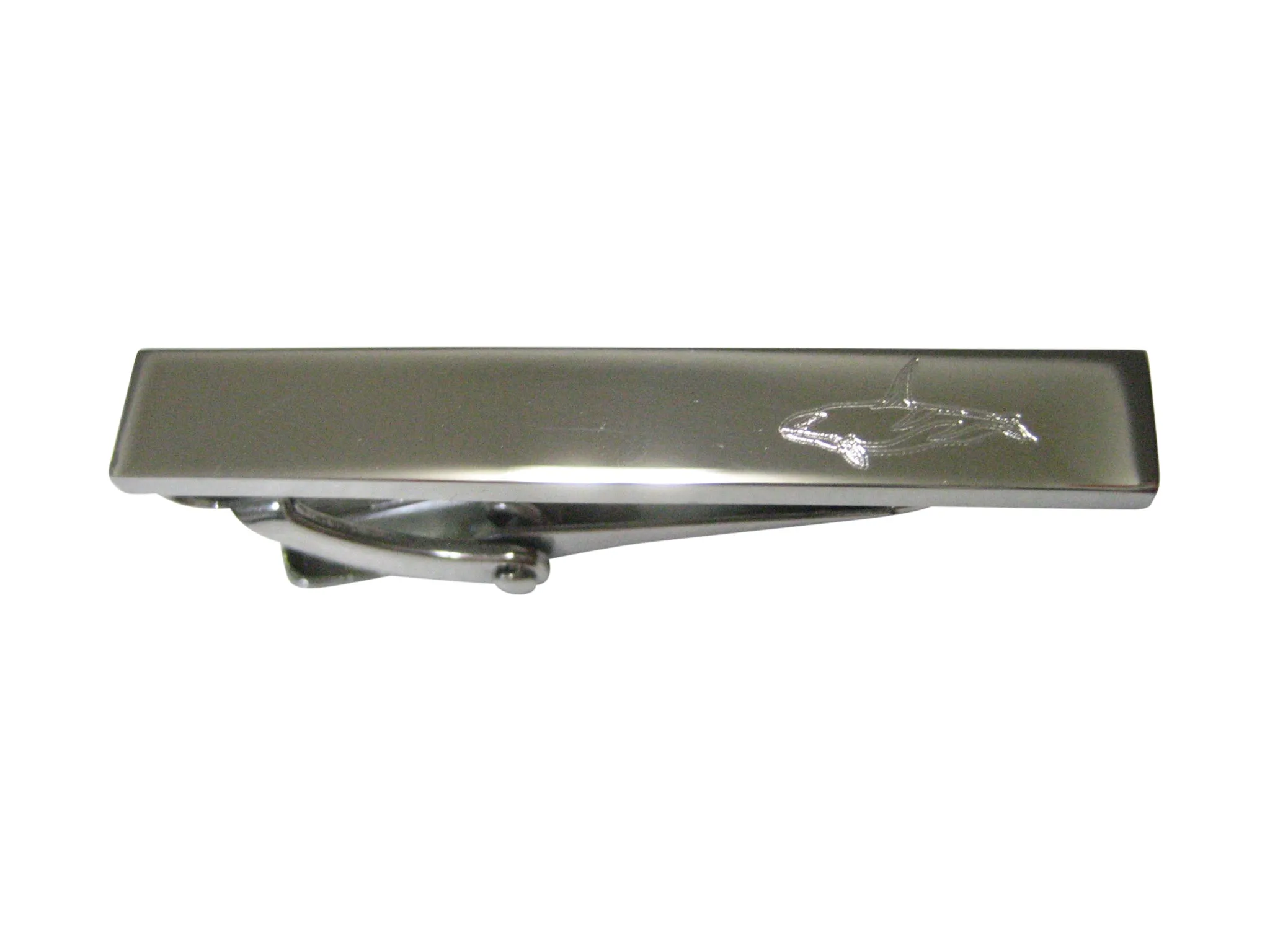 Silver Toned Etched Sleek Killer Whale Orca Skinny Tie Clip