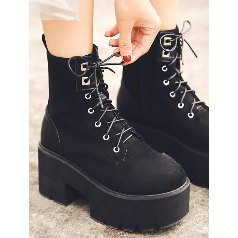 Soft Leather Platform Boots with Square Heel and Studded Design