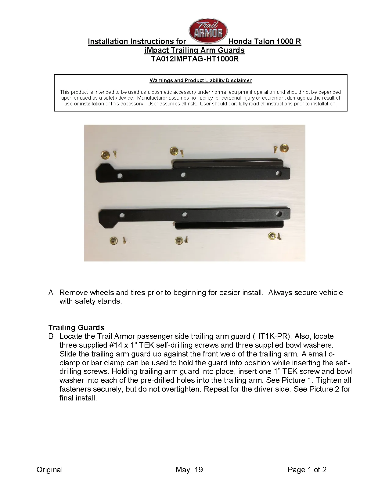 Trail Armor 2019 - 2022, 2024 Honda Talon 1000 R,  2021 - 2024 Talon 1000 R Fox Live Valve, Talon 1000R-4 Fox Live Valve, 2023 Talon 1000 RS, Talon 1000 RS Fox Live Valve iMpact Trailing Arm Guards