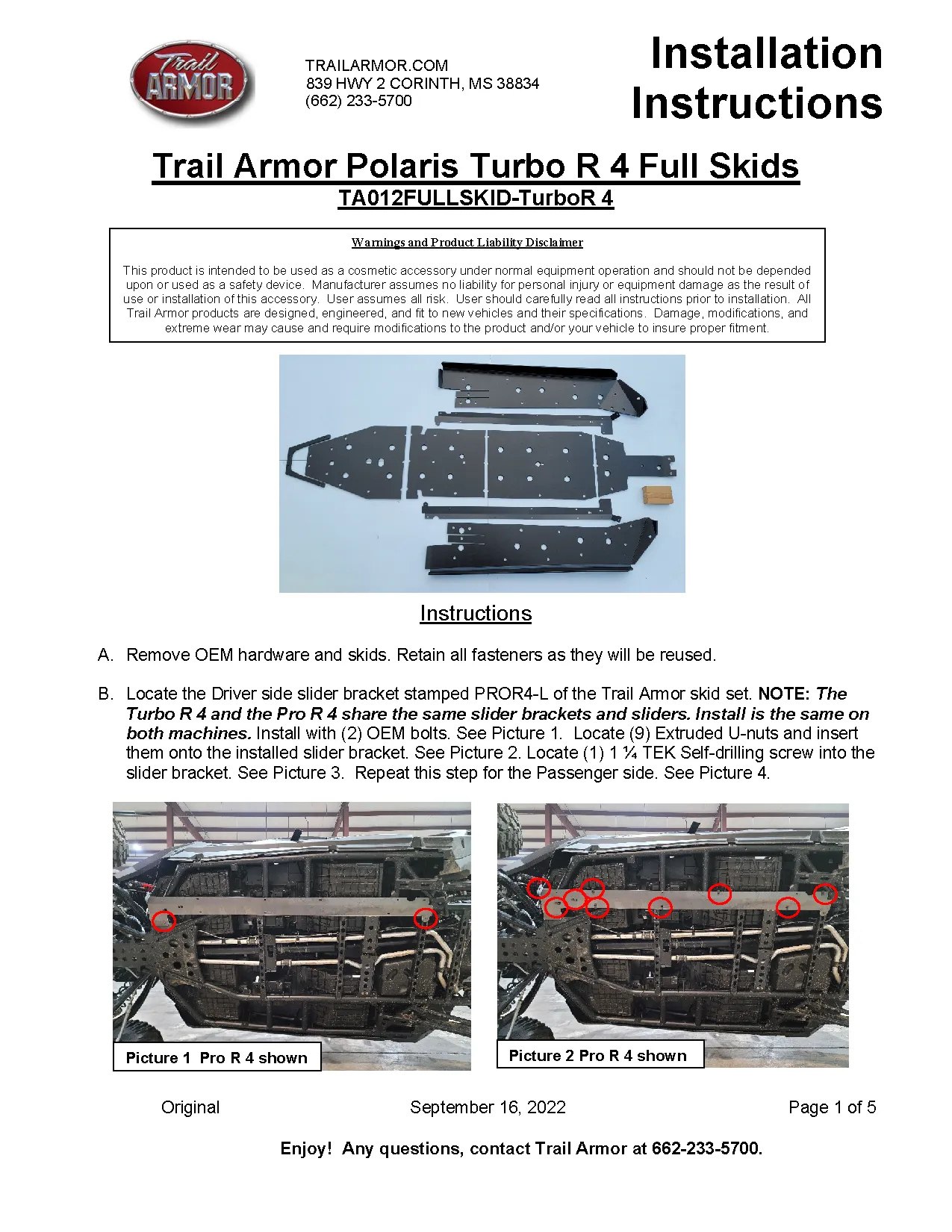 Trail Armor Polaris Turbo R 4 Full Skids with Standard or Trimmed Sliders