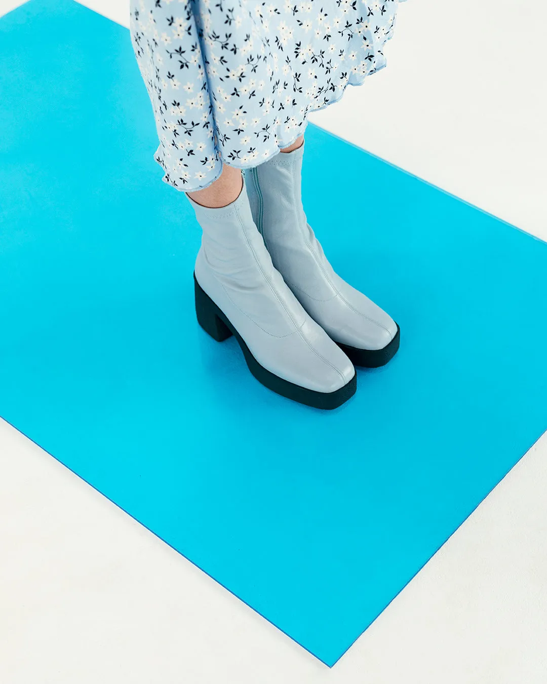 Umi Pastel Blue Stretch Leather Chunky Ankle Boots