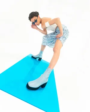 Umi Pastel Blue Stretch Leather Chunky Ankle Boots