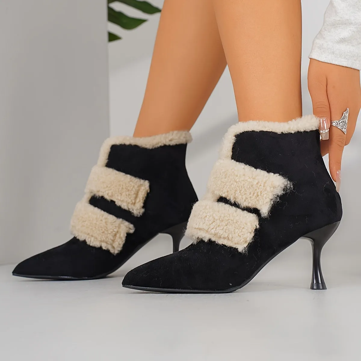 VougeVamp Women's Elegant Stiletto Heel Short Boots – Warm Velvet-Lined Ankle Booties