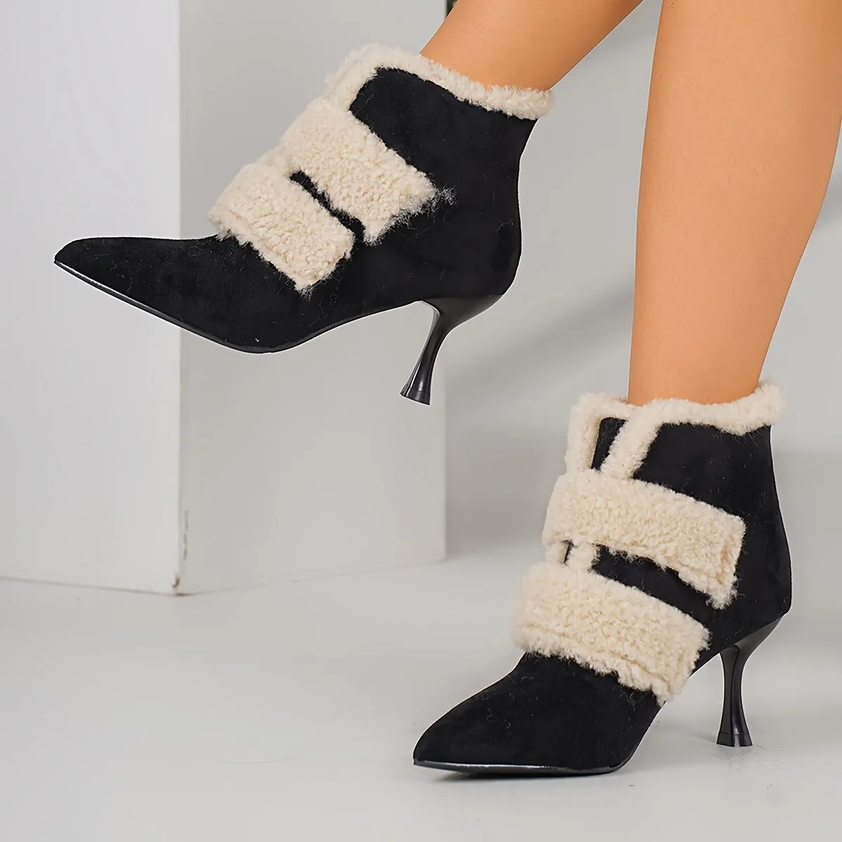 VougeVamp Women's Elegant Stiletto Heel Short Boots – Warm Velvet-Lined Ankle Booties