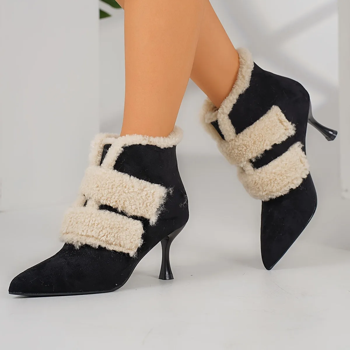 VougeVamp Women's Elegant Stiletto Heel Short Boots – Warm Velvet-Lined Ankle Booties