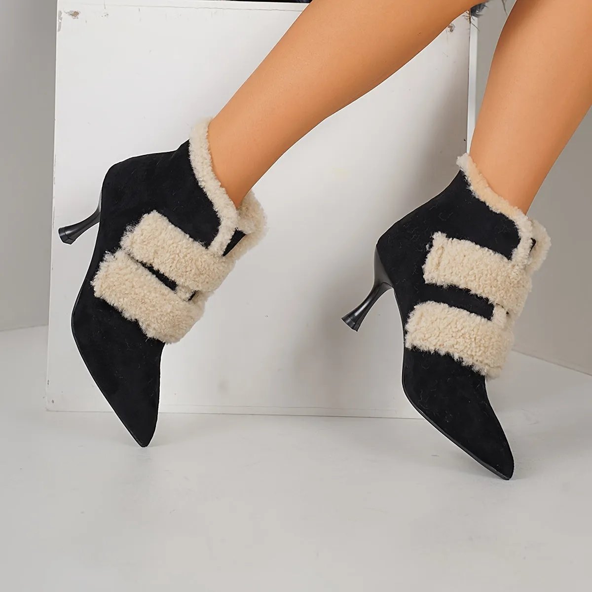 VougeVamp Women's Elegant Stiletto Heel Short Boots – Warm Velvet-Lined Ankle Booties