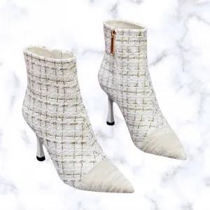 Women's Fashion Spliced Short Boots with Plaid Design, Pointed Toe, and High Heels