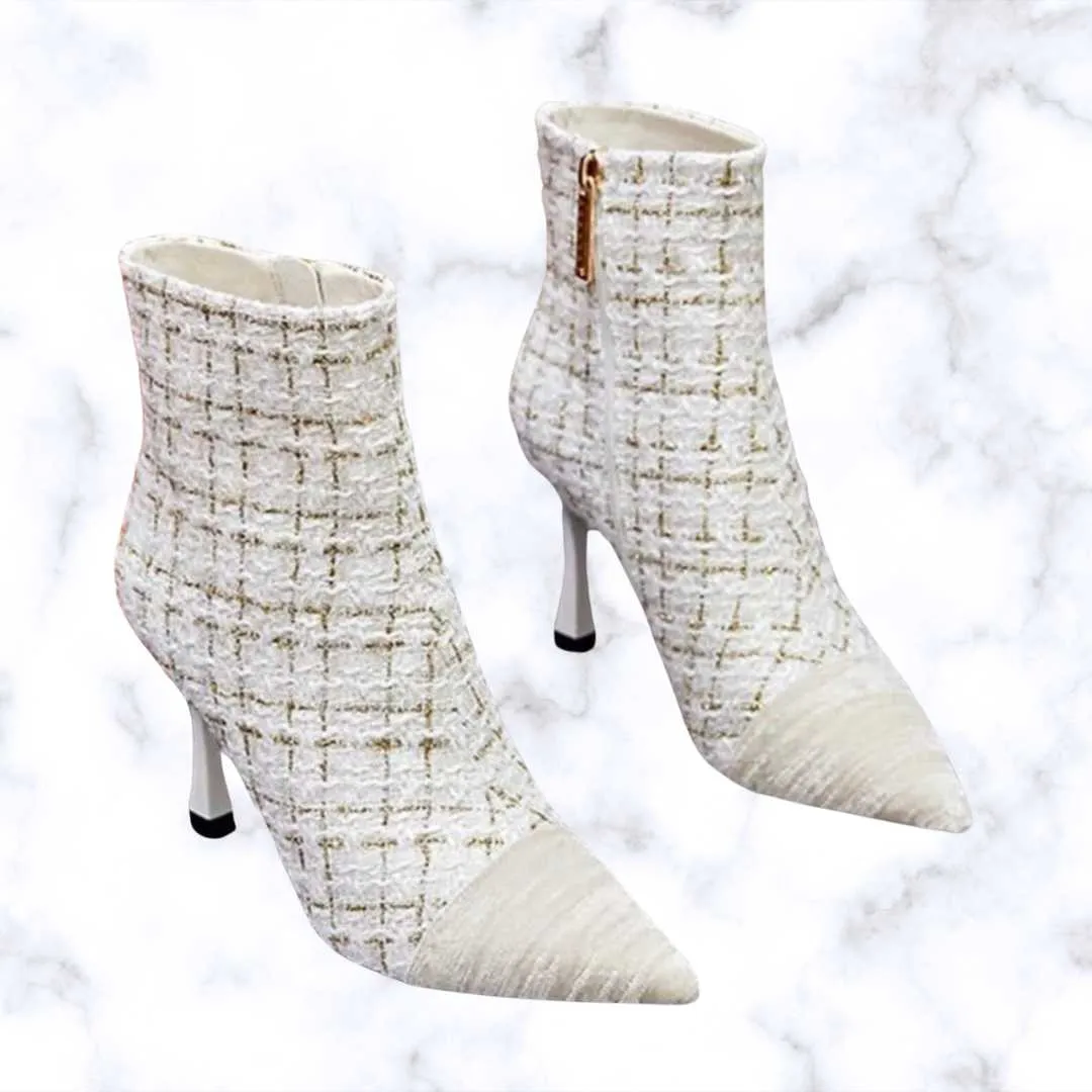 Women's Fashion Spliced Short Boots with Plaid Design, Pointed Toe, and High Heels
