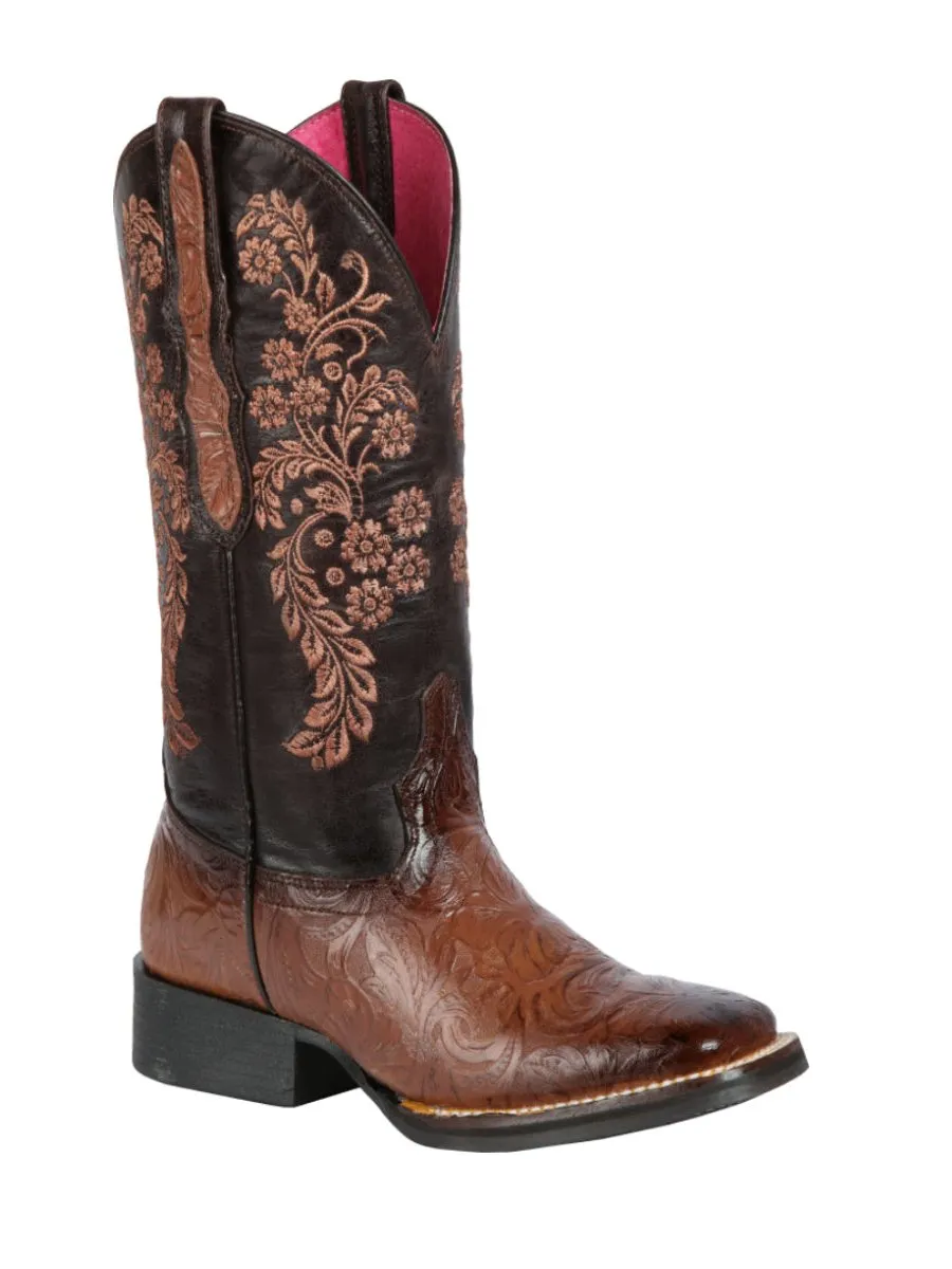 Women's Genuine Leather Floral Engraving Cowgirl Boots 'El General' Choco Color 44633