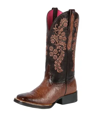 Women's Genuine Leather Floral Engraving Cowgirl Boots 'El General' Choco Color 44633